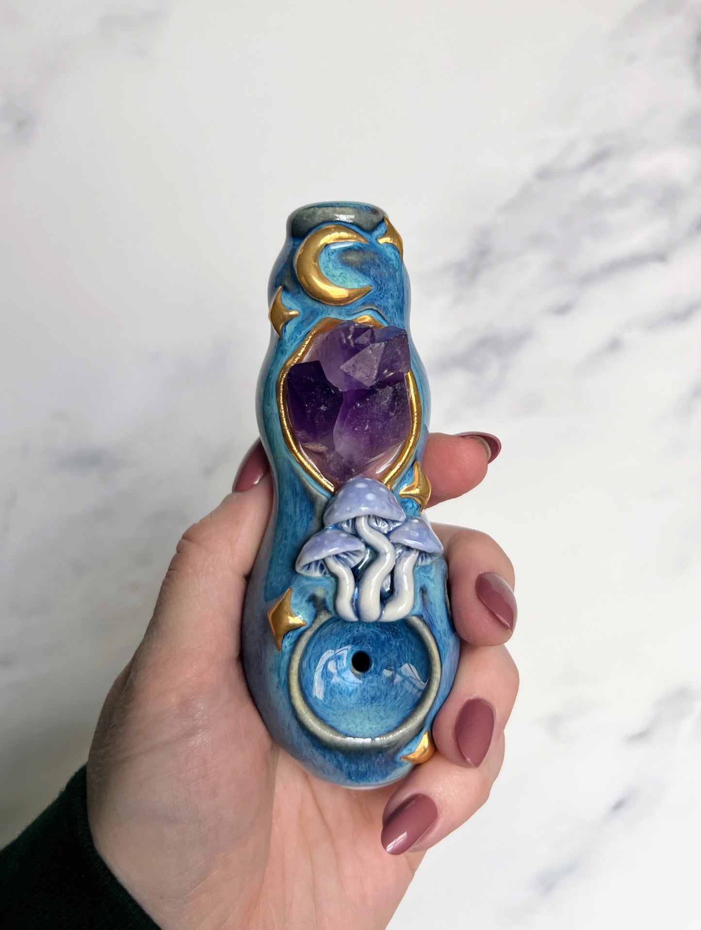 Amethyst Crystal Pipe Mushroom Moon Porcelain Smoking Pipe