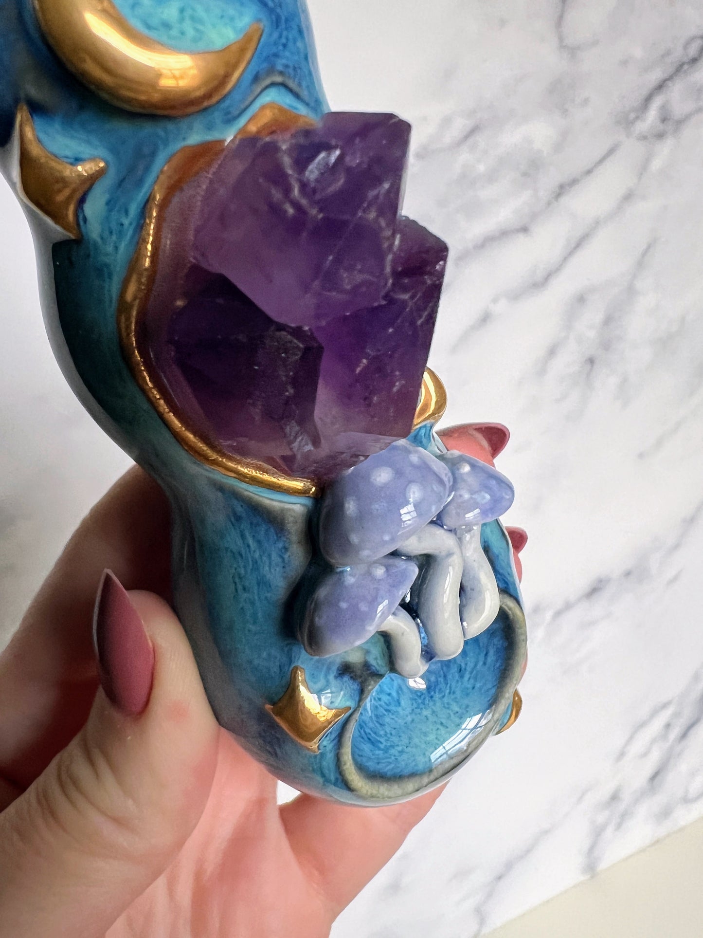 Amethyst Crystal Pipe Mushroom Moon Porcelain Smoking Pipe