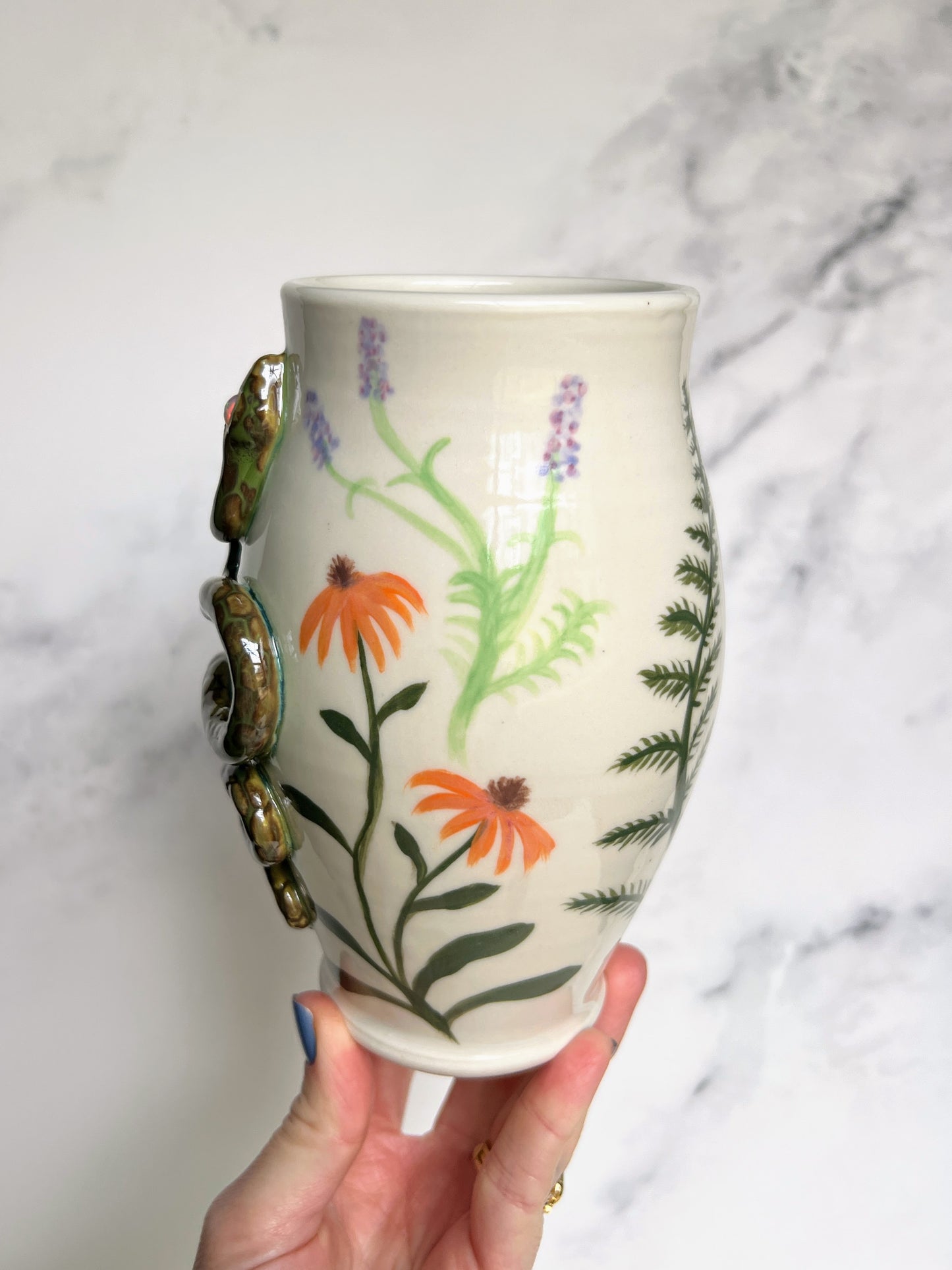 White Opal Snake Mug, Mystical Floral Cone Flowers Porcelain Mug, Pottery Mug, Hand made Mug