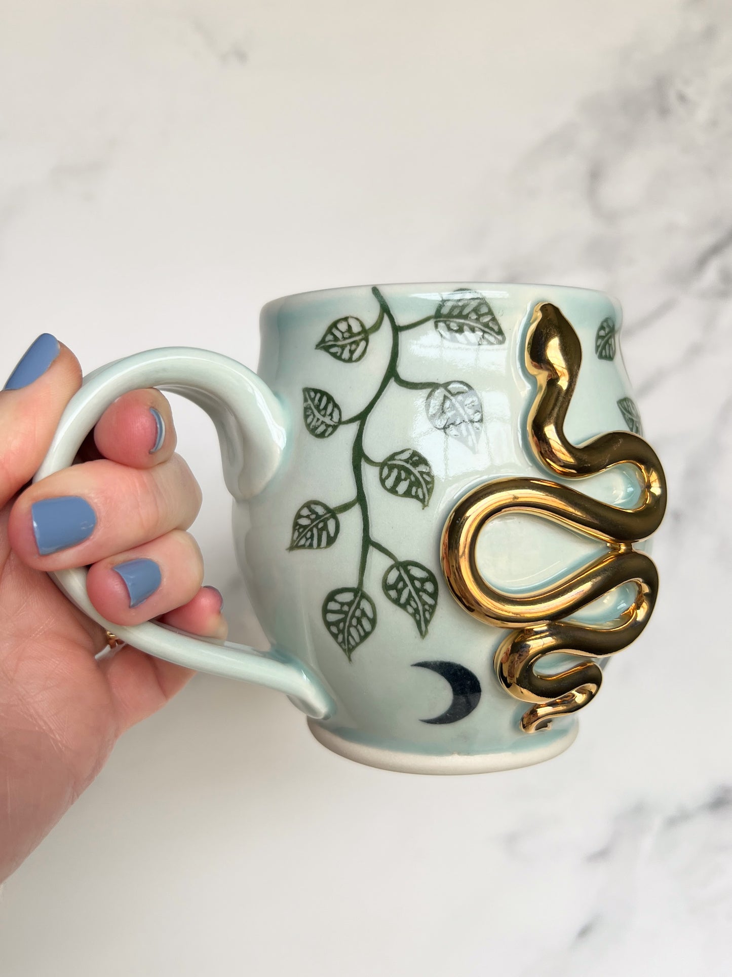 Gold Snake Mug, Swiss Cheese Monstera Plant Mystical Mushrooms Porcelain Mug, Pottery Mug, Hand made Mug