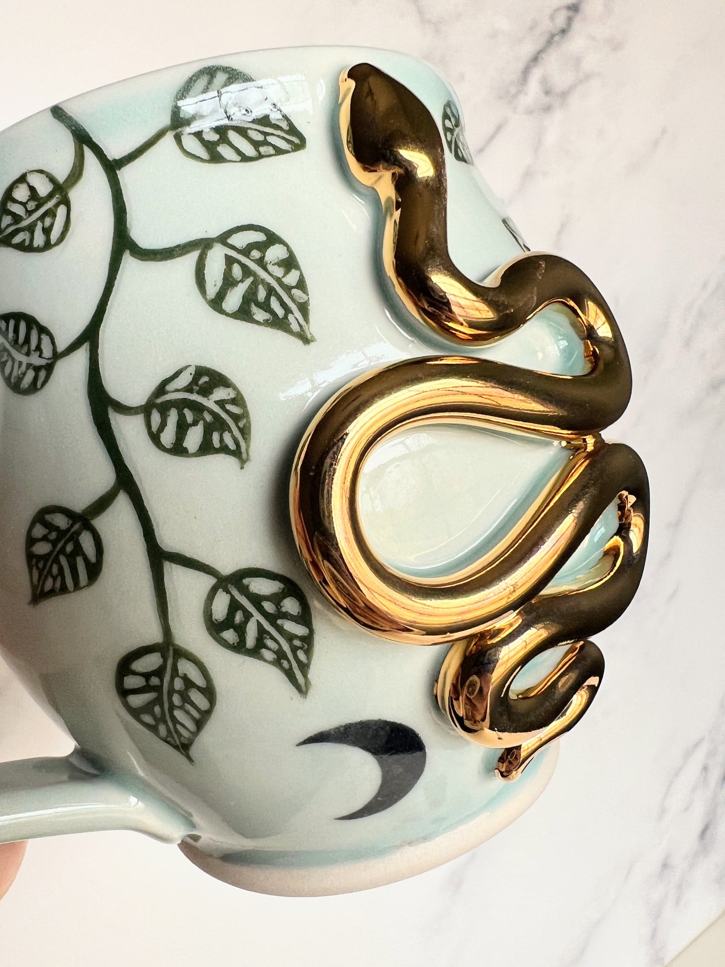 Gold Snake Mug, Swiss Cheese Monstera Plant Mystical Mushrooms Porcelain Mug, Pottery Mug, Hand made Mug