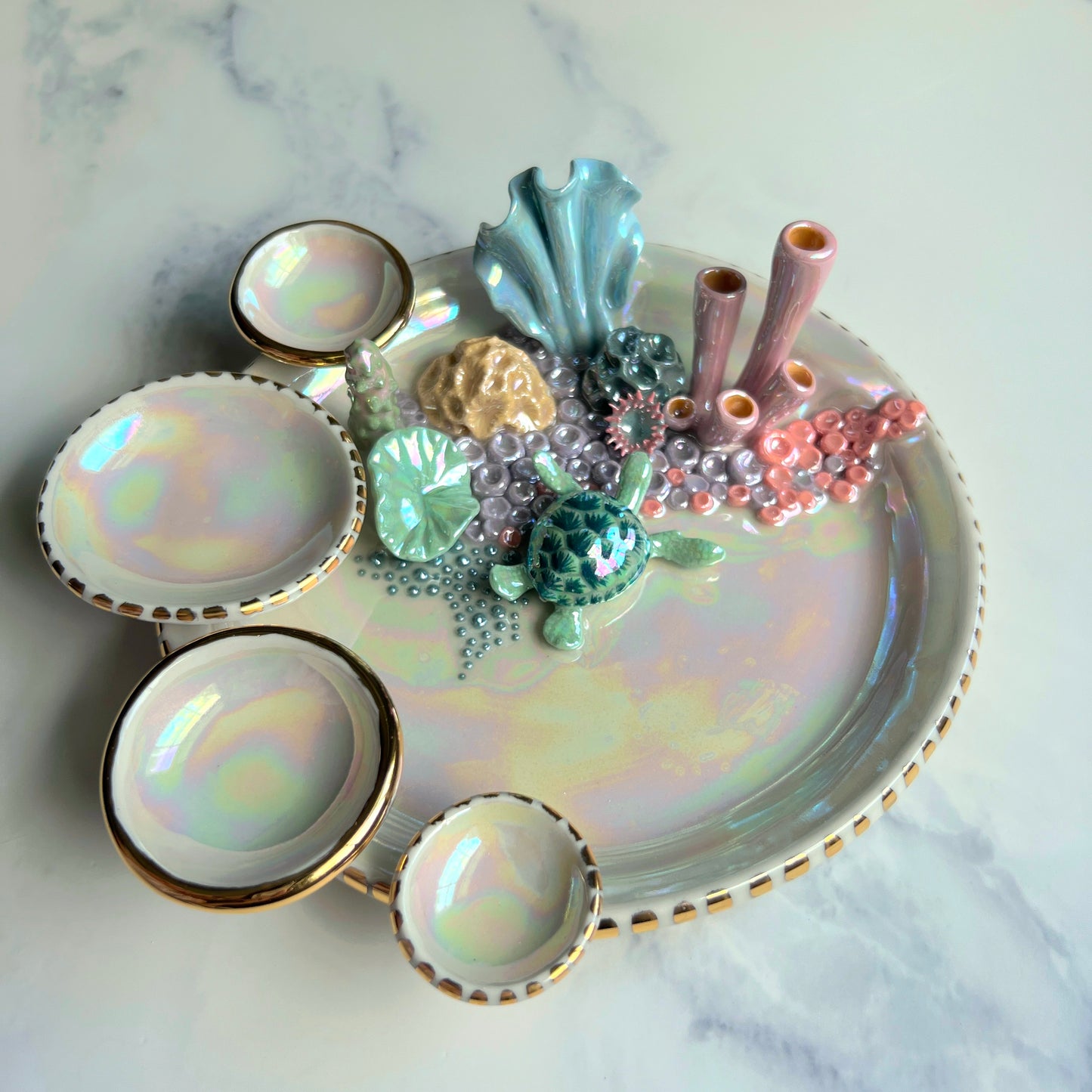 Mermaid Kisses - Coral Reef Sea Turtle Jewelry Dish Iridescent Infinity Tray