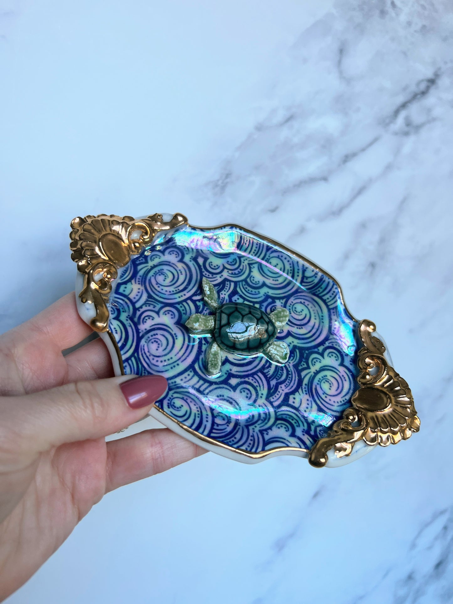 Sea Turtle Gold Filigree Tray Plate Blue Clouds Altar Tray Witchy Jewelry Dish