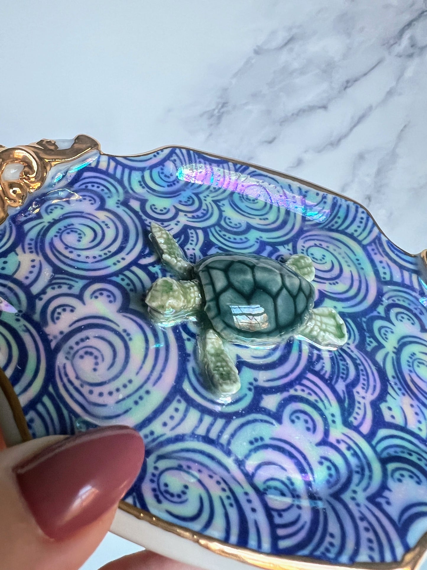 Sea Turtle Gold Filigree Tray Plate Blue Clouds Altar Tray Witchy Jewelry Dish