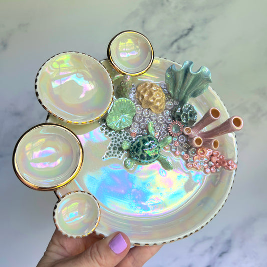 Mermaid Kisses - Coral Reef Sea Turtle Jewelry Dish Iridescent Infinity Tray