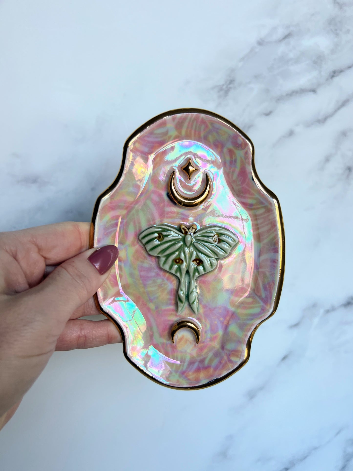 Luna Moth Gold Moon Tray Plate Blue Clouds Altar Tray Monstera Jewelry Dish