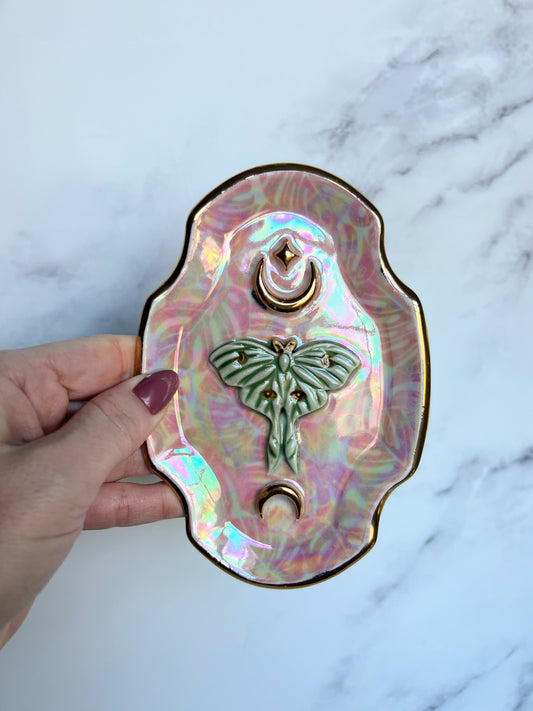 Luna Moth Gold Moon Tray Plate Blue Clouds Altar Tray Monstera Jewelry Dish