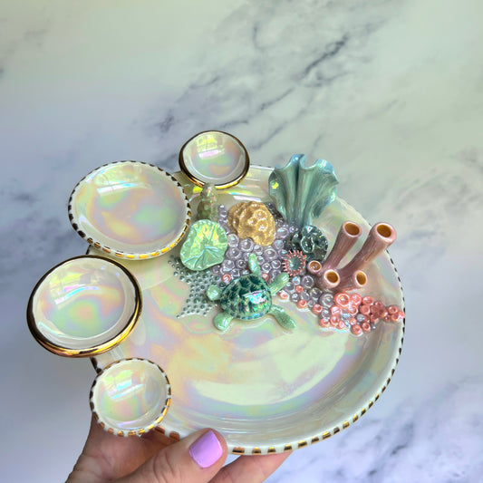 Mermaid Kisses - Coral Reef Sea Turtle Jewelry Dish Iridescent Infinity Tray