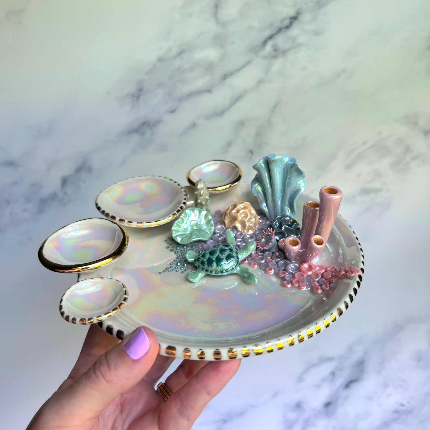 Mermaid Kisses - Coral Reef Sea Turtle Jewelry Dish Iridescent Infinity Tray