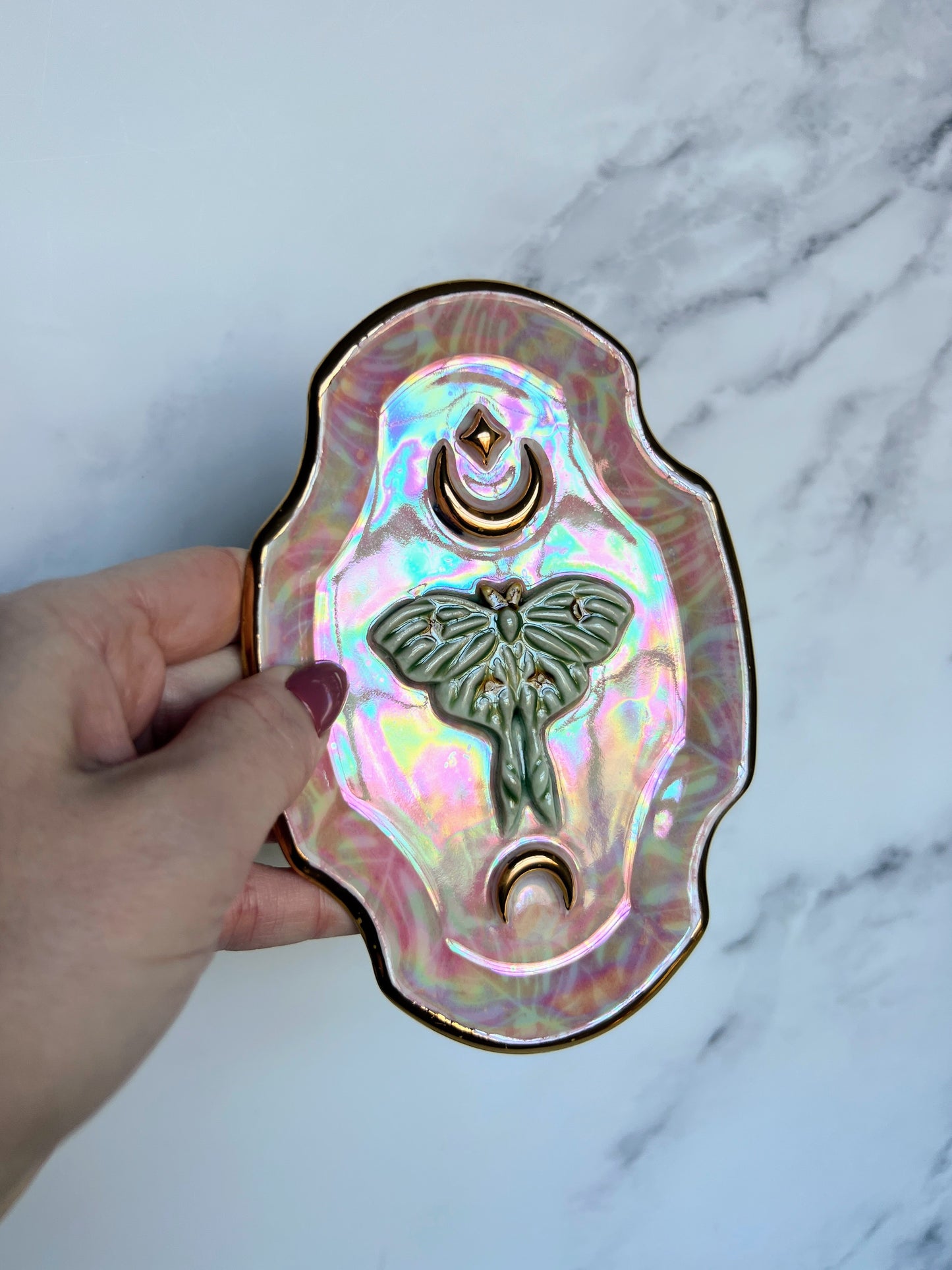 Luna Moth Gold Moon Tray Plate Blue Clouds Altar Tray Monstera Jewelry Dish