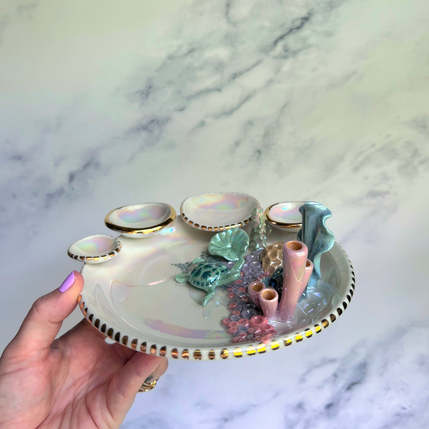 Mermaid Kisses - Coral Reef Sea Turtle Jewelry Dish Iridescent Infinity Tray