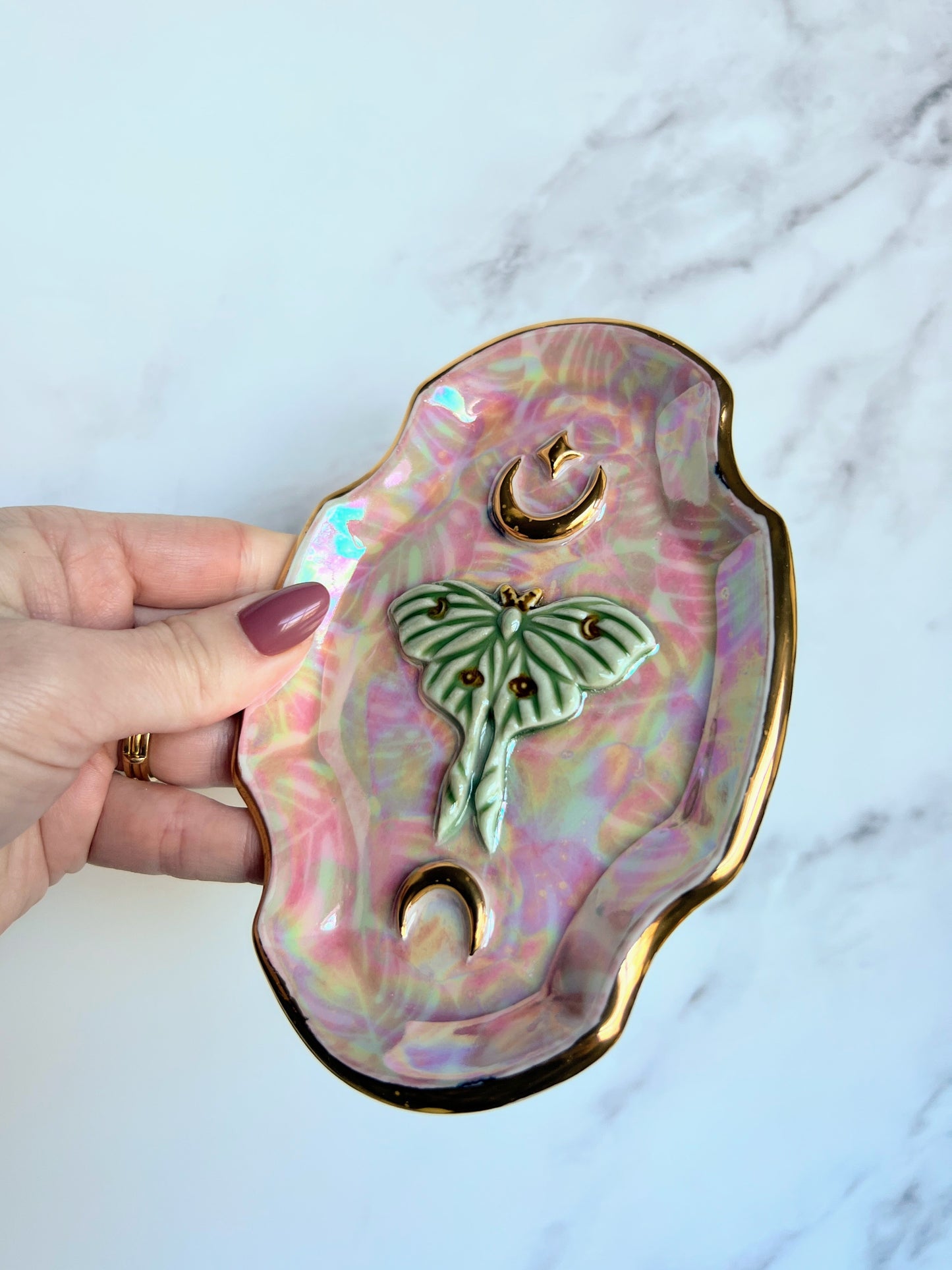 Luna Moth Gold Moon Tray Plate Blue Clouds Altar Tray Monstera Jewelry Dish