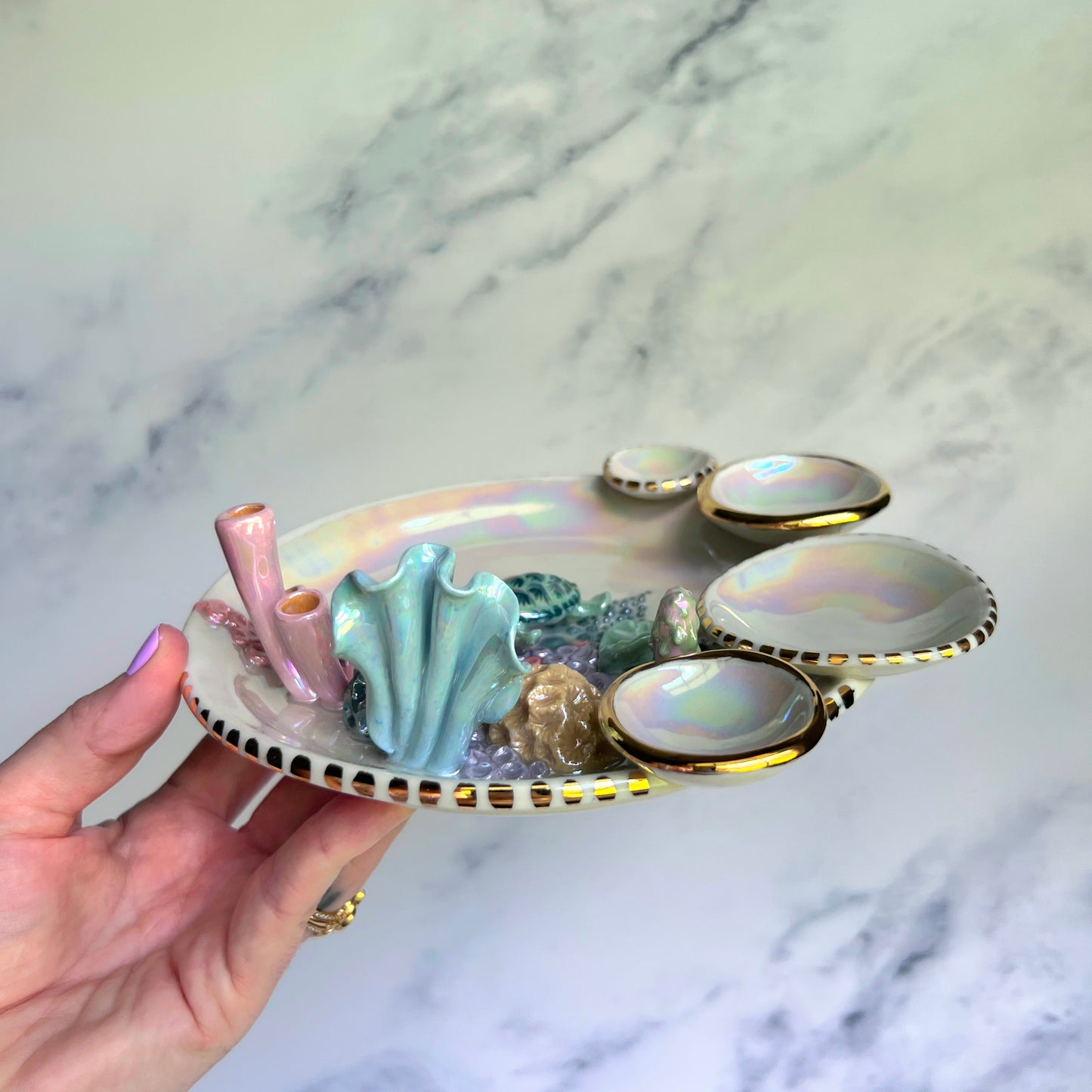 Mermaid Kisses - Coral Reef Sea Turtle Jewelry Dish Iridescent Infinity Tray