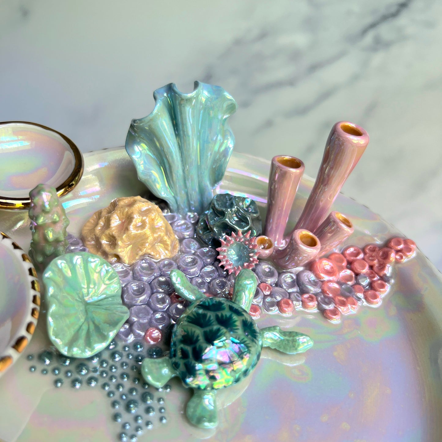 Mermaid Kisses - Coral Reef Sea Turtle Jewelry Dish Iridescent Infinity Tray