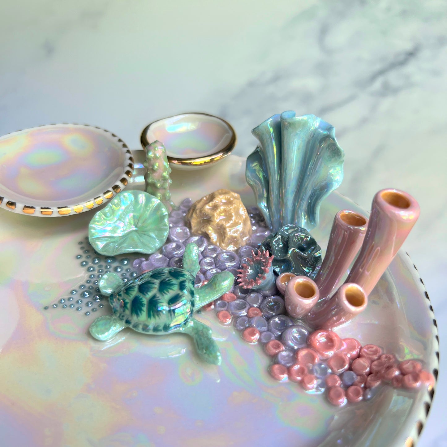 Mermaid Kisses - Coral Reef Sea Turtle Jewelry Dish Iridescent Infinity Tray