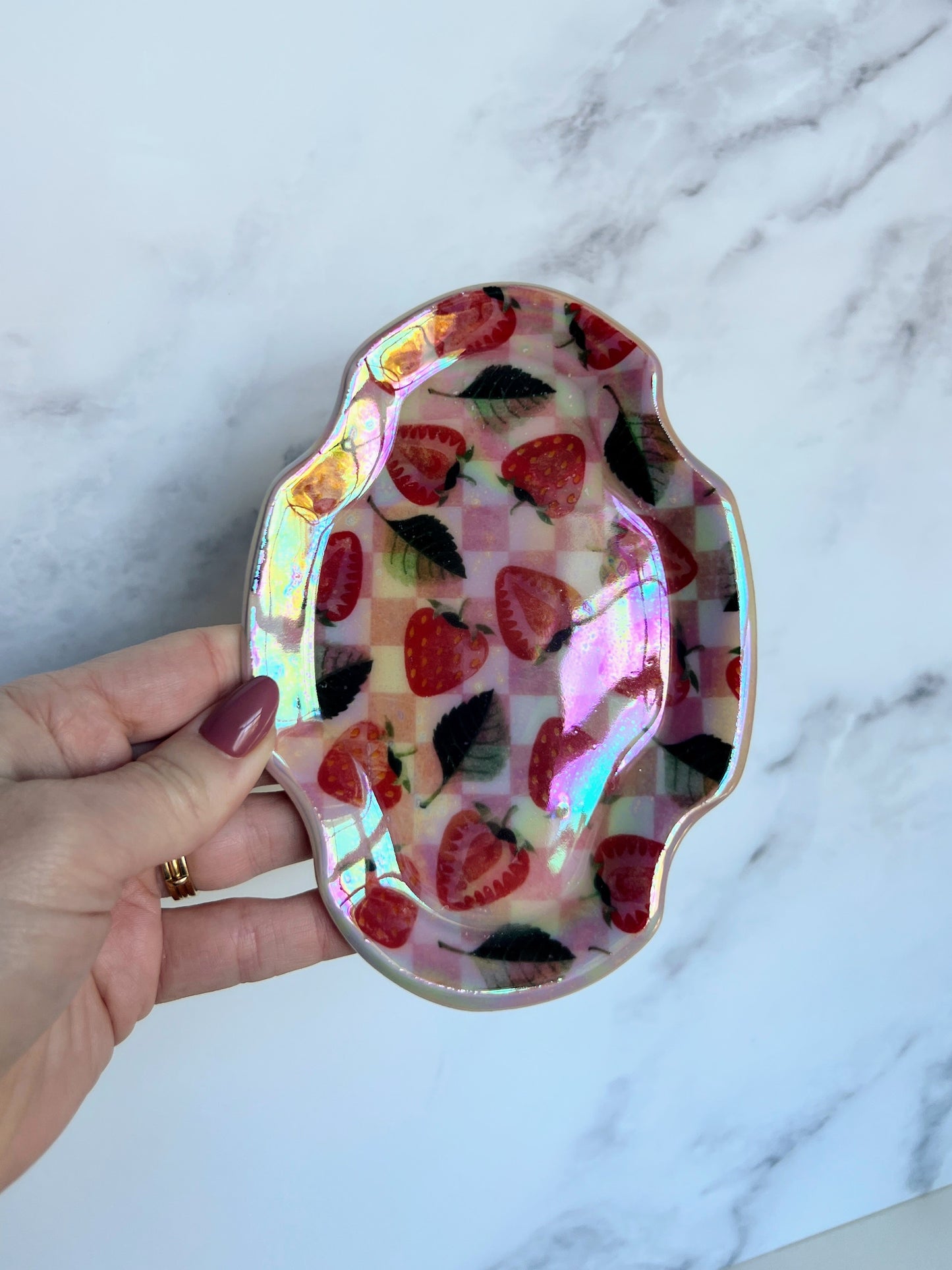 Strawberry Picnic Tray Plate Iridescent Altar Jewelry Dish