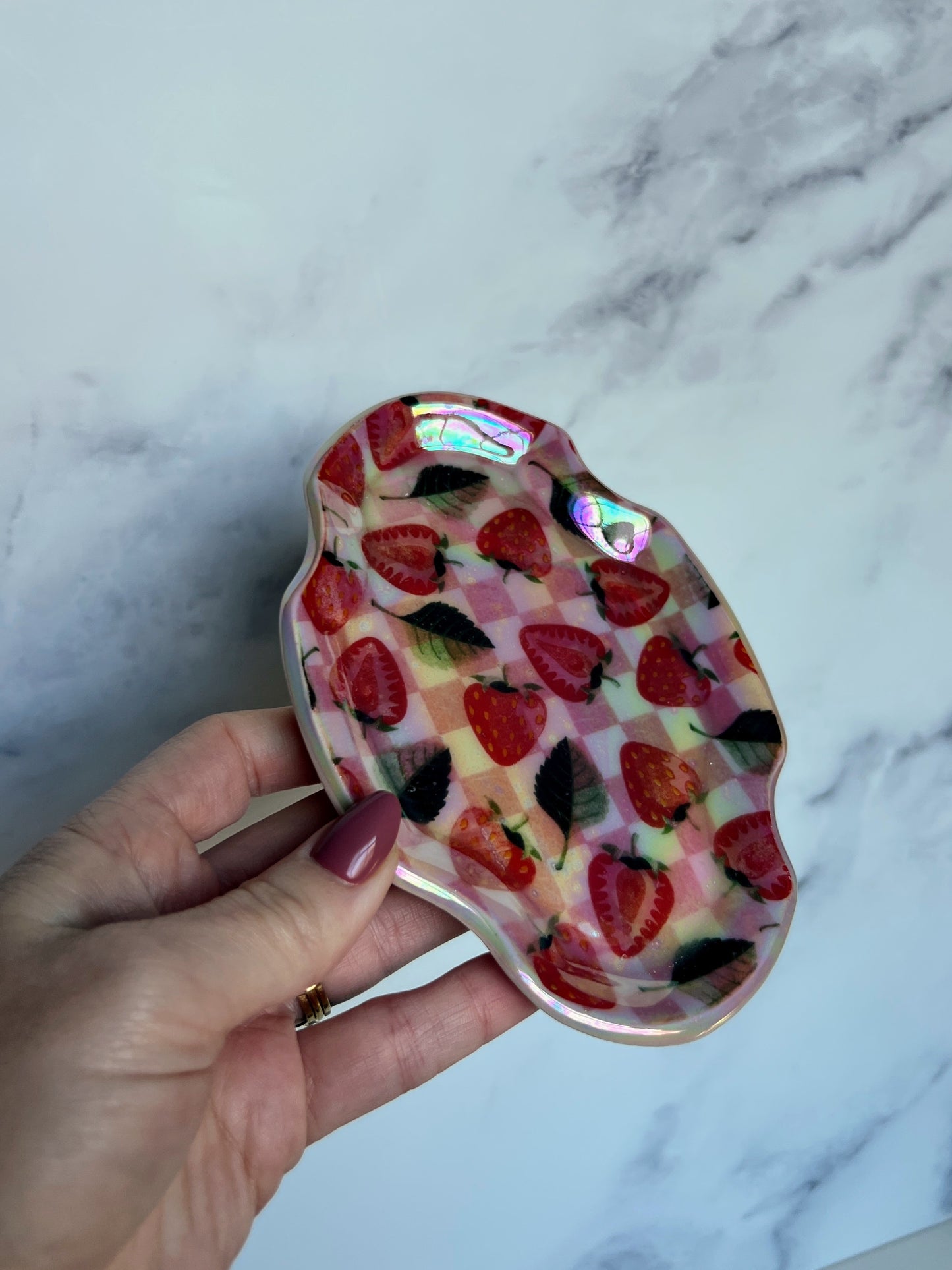 Strawberry Picnic Tray Plate Iridescent Altar Jewelry Dish