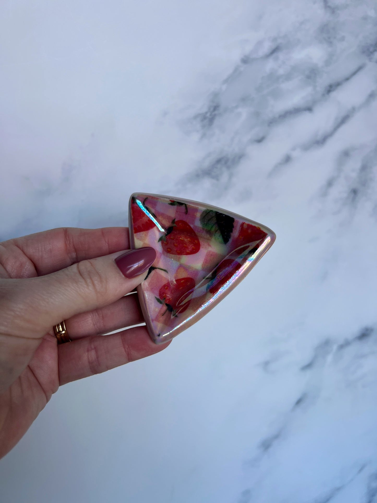 Triangle Strawberry Picnic Tray Plate Iridescent Altar Ring Jewelry Dish