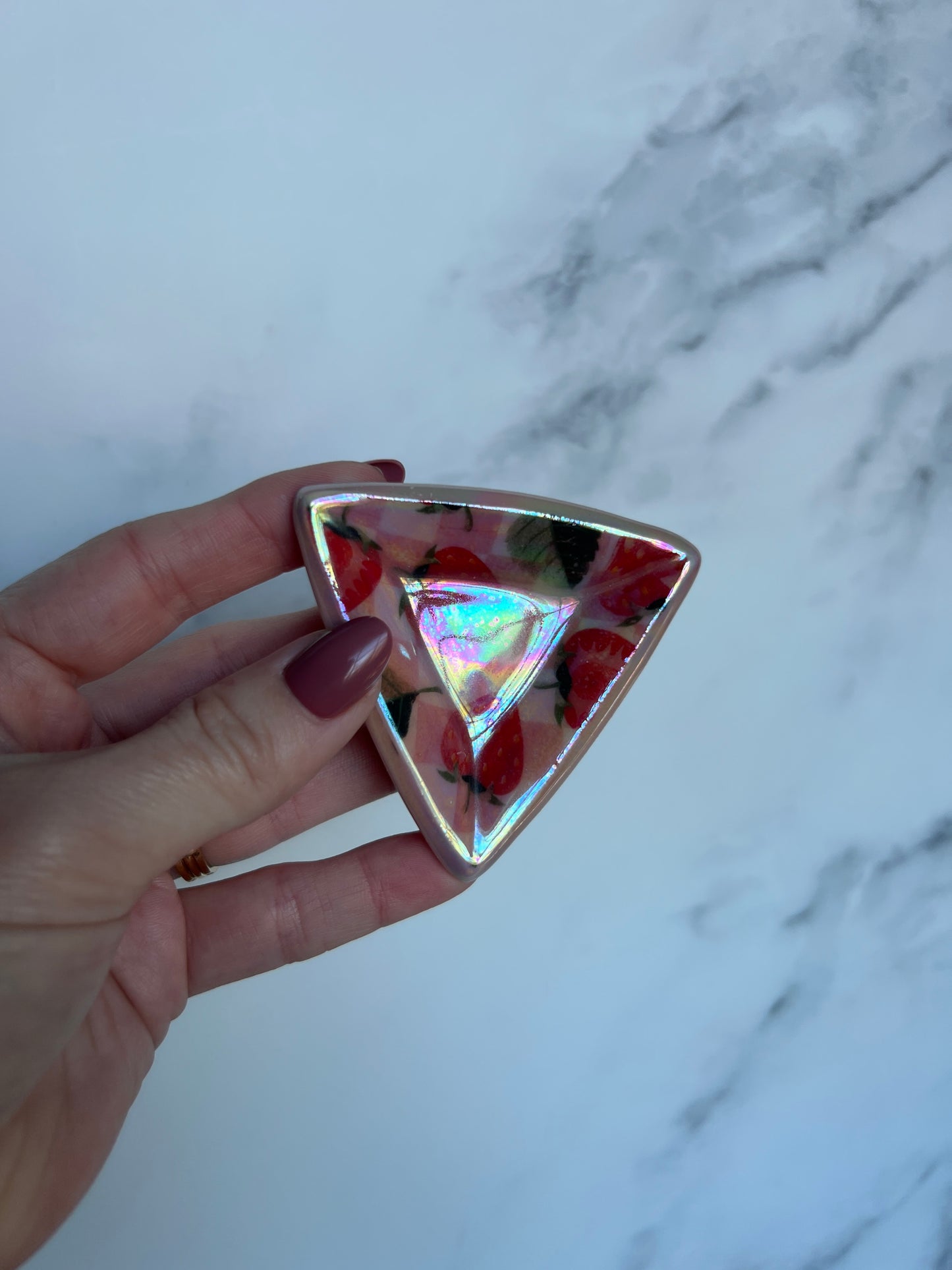 Triangle Strawberry Picnic Tray Plate Iridescent Altar Ring Jewelry Dish