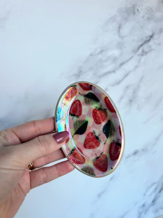 Strawberry Picnic Tray Iridescent Altar Ring Jewelry Dish