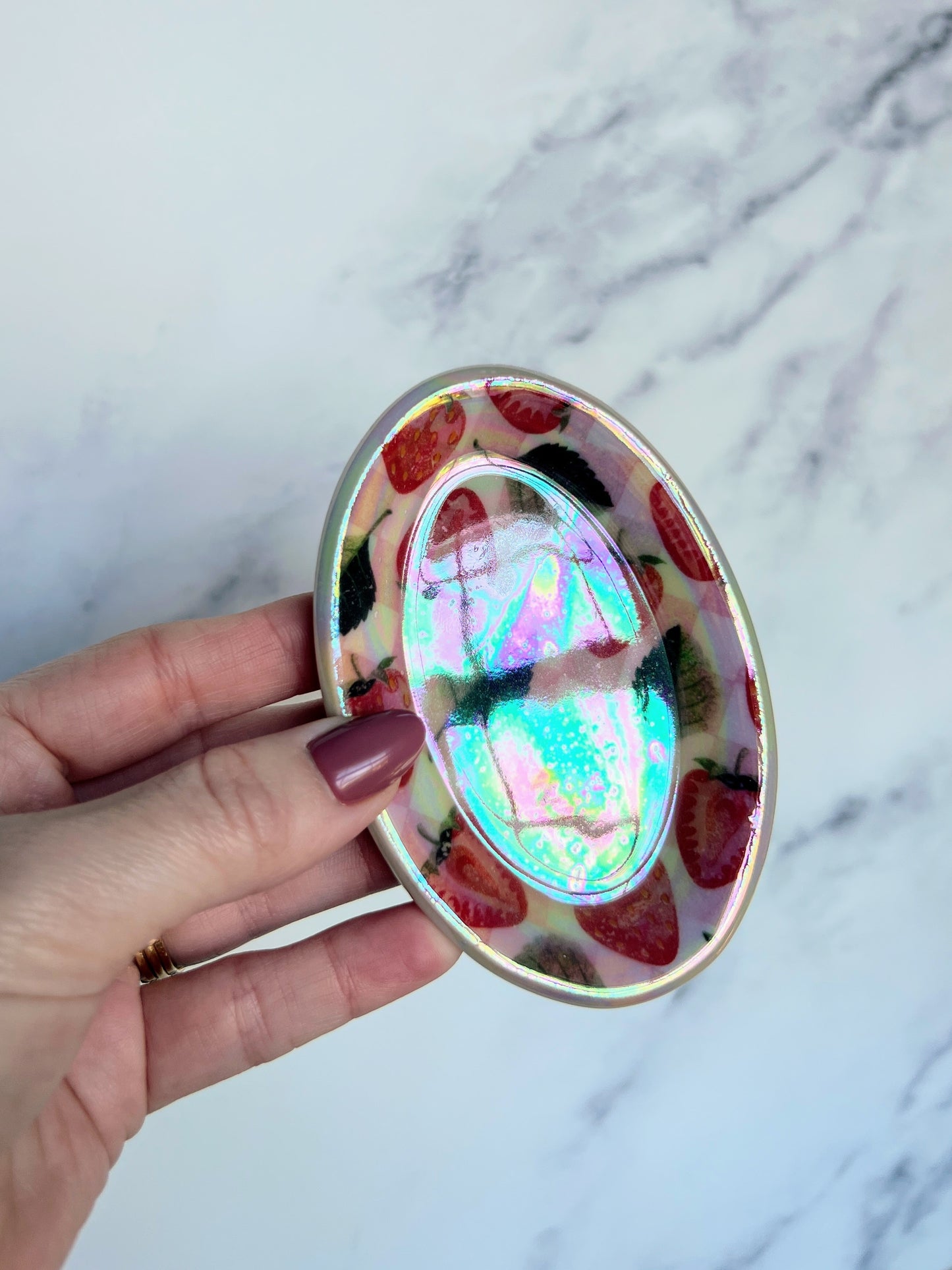 Strawberry Picnic Tray Iridescent Altar Ring Jewelry Dish