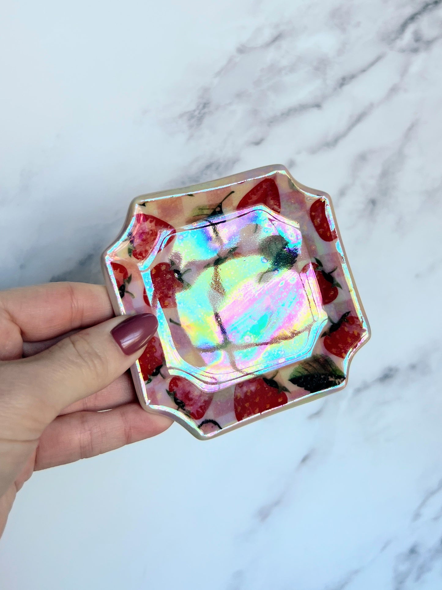 Strawberry Picnic Tray Square Iridescent Altar Ring Jewelry Dish