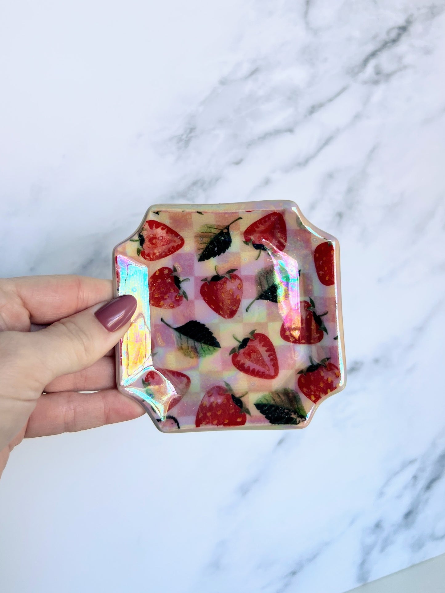 Strawberry Picnic Tray Square Iridescent Altar Ring Jewelry Dish