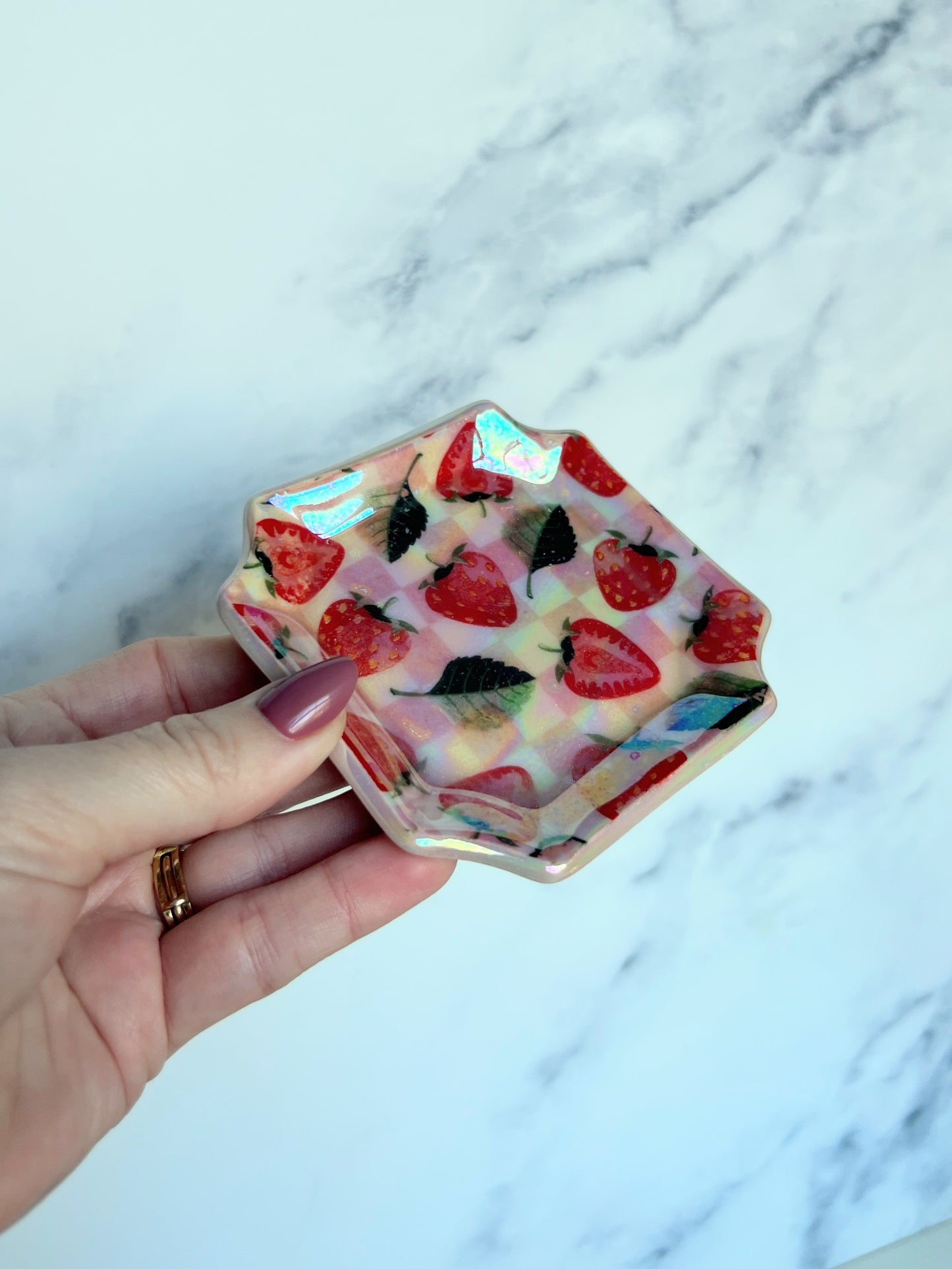 Strawberry Picnic Tray Square Iridescent Altar Ring Jewelry Dish