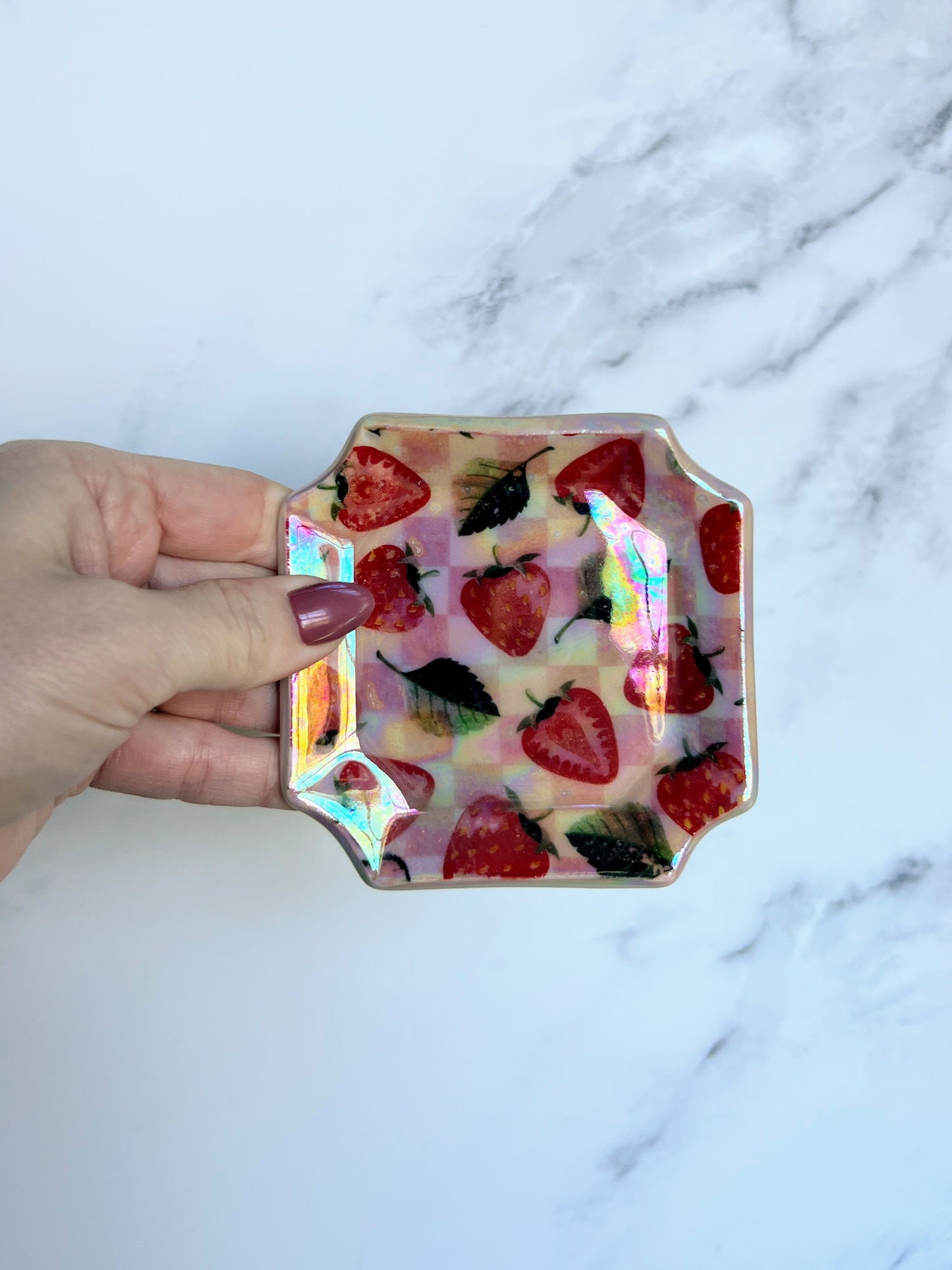 Strawberry Picnic Tray Square Iridescent Altar Ring Jewelry Dish