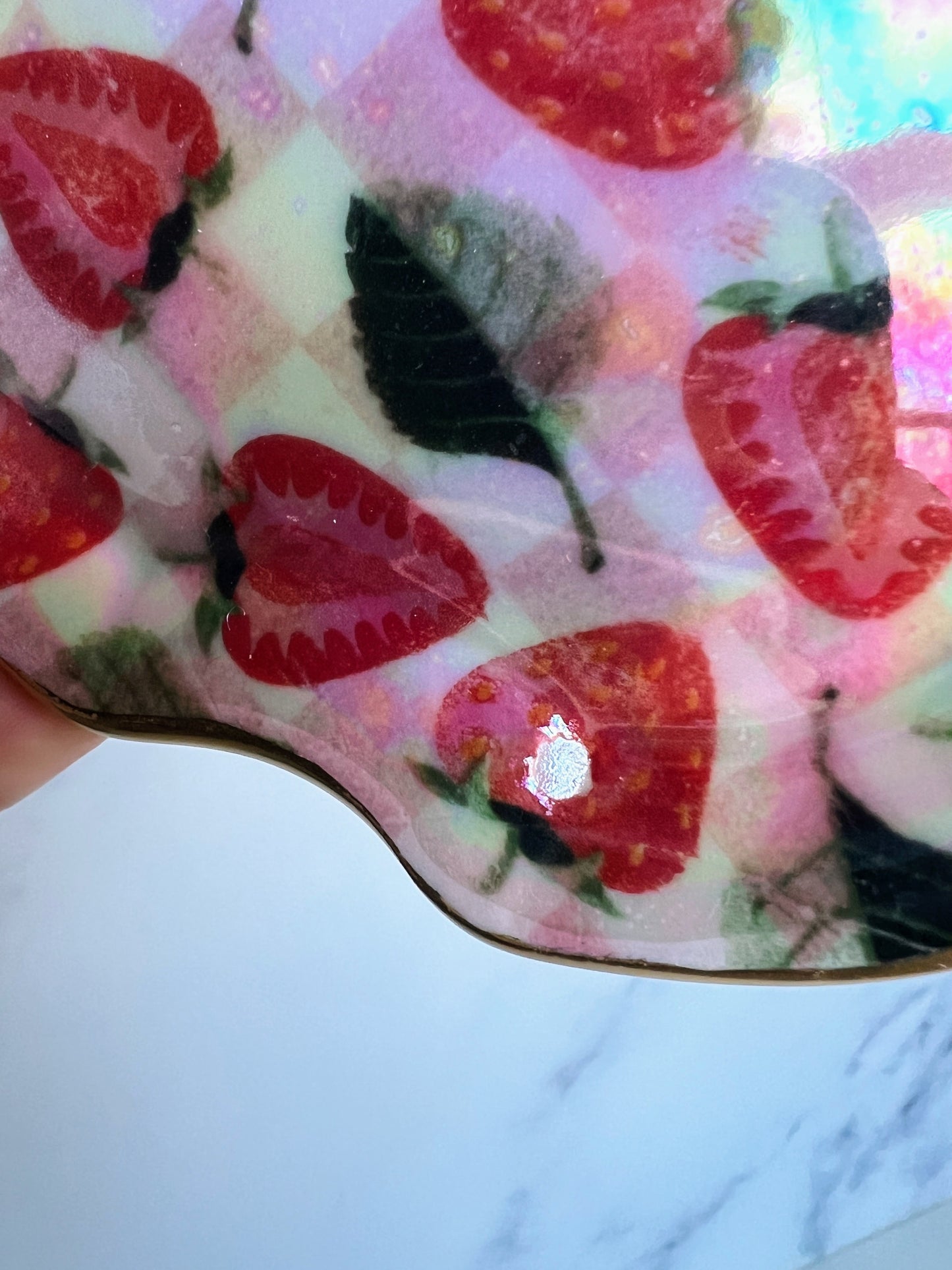 IMPERFECT Gold Strawberry Picnic Tray Fancy Iridescent Altar Jewelry Dish Gold Edge