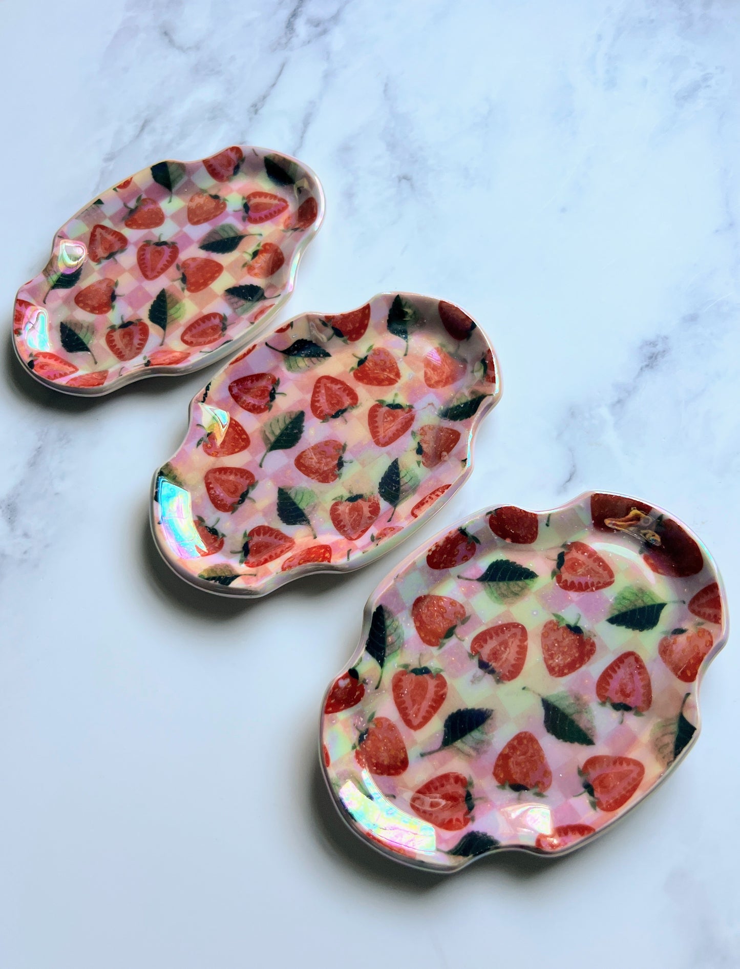 Strawberry Picnic Tray Plate Iridescent Altar Jewelry Dish