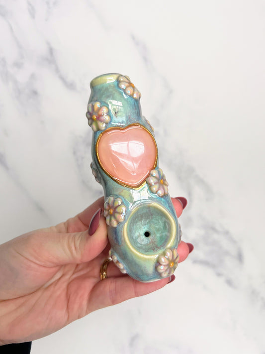 Rose Quartz Heart Pipe Daisy Flowers Porcelain Smoking Pipe