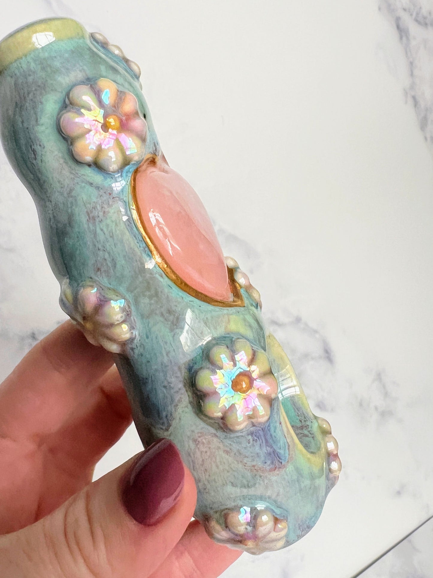 Rose Quartz Heart Pipe Daisy Flowers Porcelain Smoking Pipe