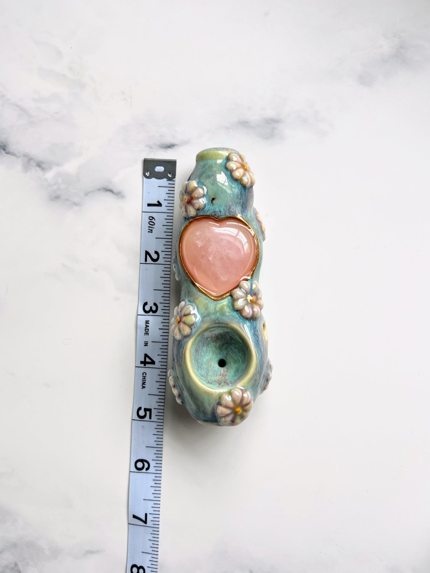 Rose Quartz Heart Pipe Daisy Flowers Porcelain Smoking Pipe