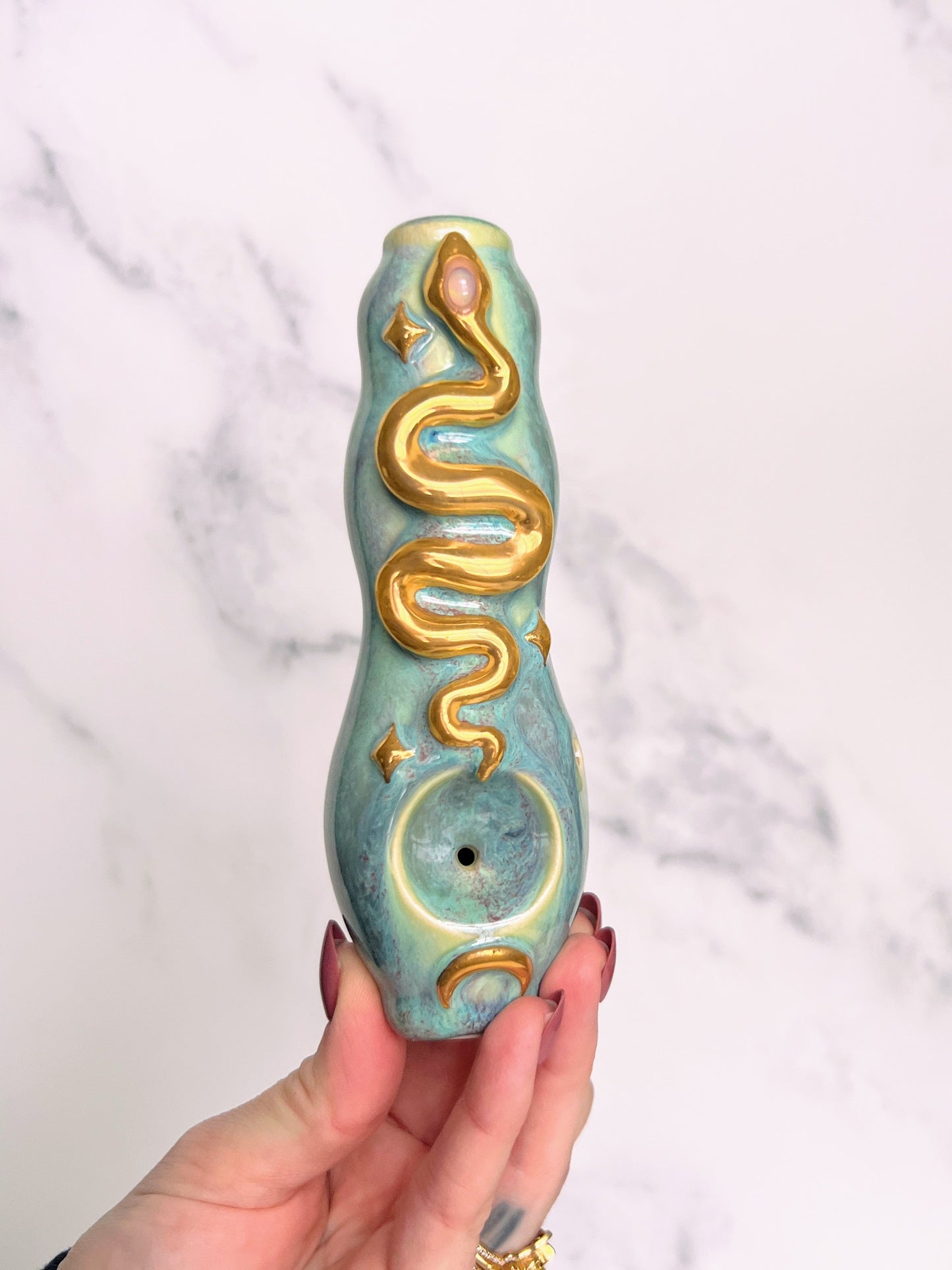 Opal Snake Pipe, Gold Porcelain Ceramic Smoking Pipe