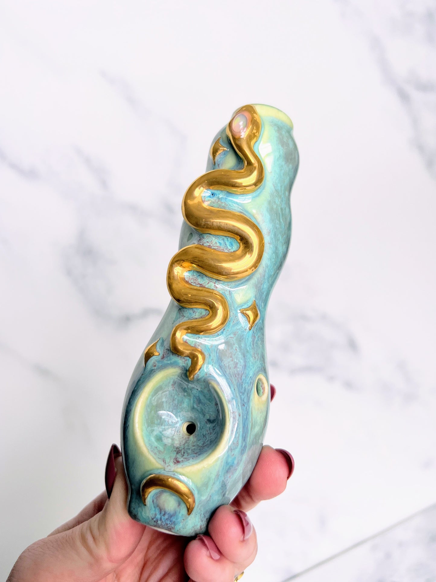 Opal Snake Pipe, Gold Porcelain Ceramic Smoking Pipe