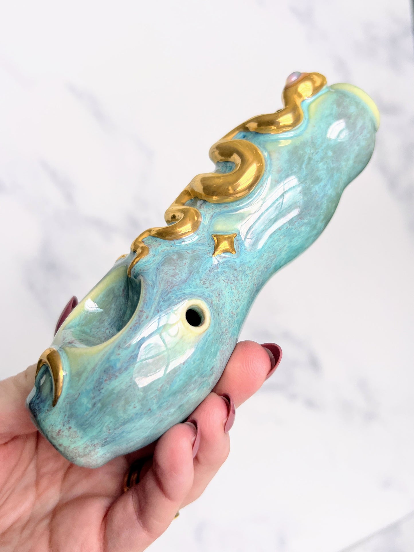 Opal Snake Pipe, Gold Porcelain Ceramic Smoking Pipe