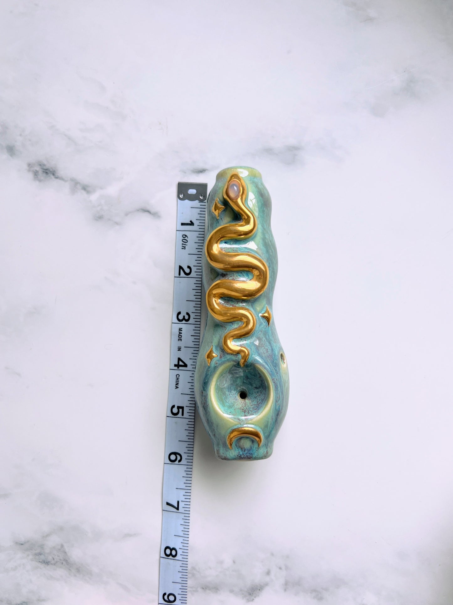 Opal Snake Pipe, Gold Porcelain Ceramic Smoking Pipe