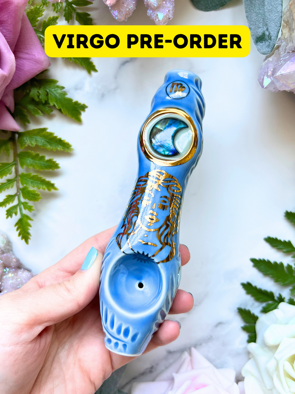 PRE-ORDER Virgo Pipe Custom with Crystal Porcelain Pipe Zodiac