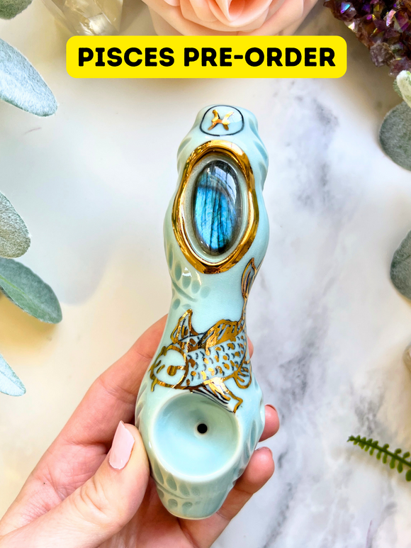 PRE-ORDER Pisces Pipe Custom with Crystal Porcelain Pipe Zodiac