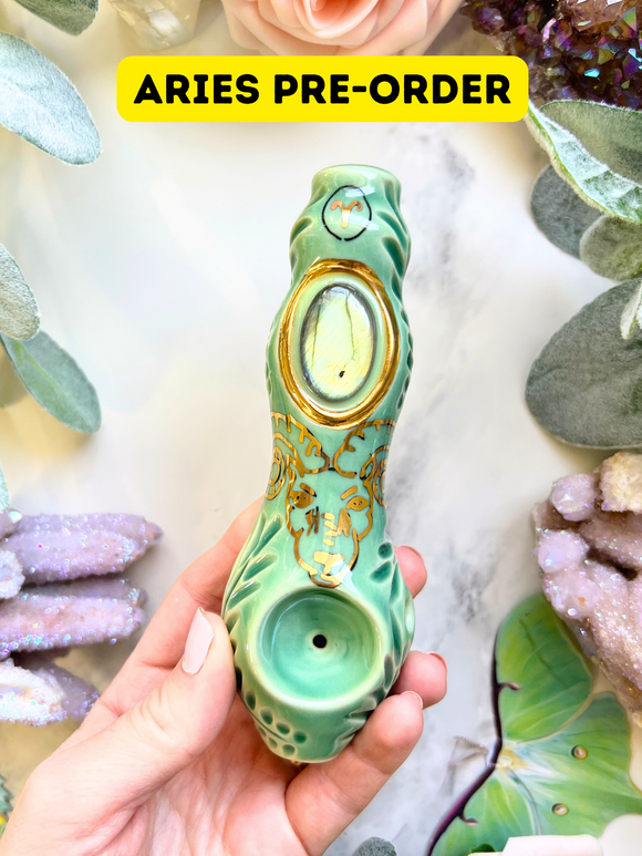 PRE-ORDER Aries Pipe Custom with Crystal Porcelain Pipe Zodiac