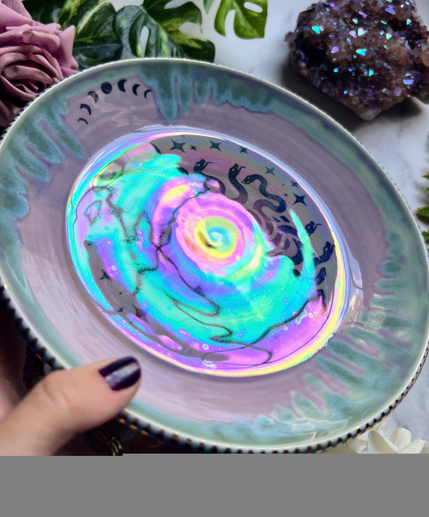 Medusa Platter, Iridescent Moon Altar Tray Witchy Jewelry Dish Platter