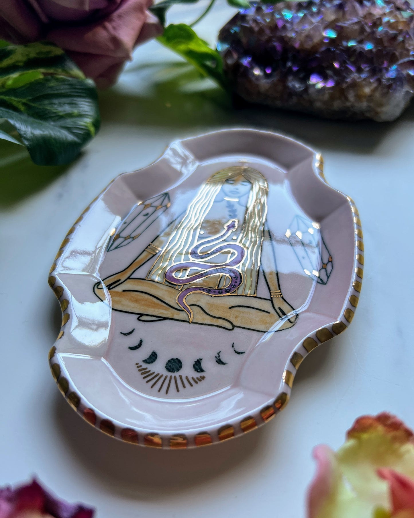 Snake Goddess Plate Crystal Gold Altar Tray Witchy Jewelry Dish