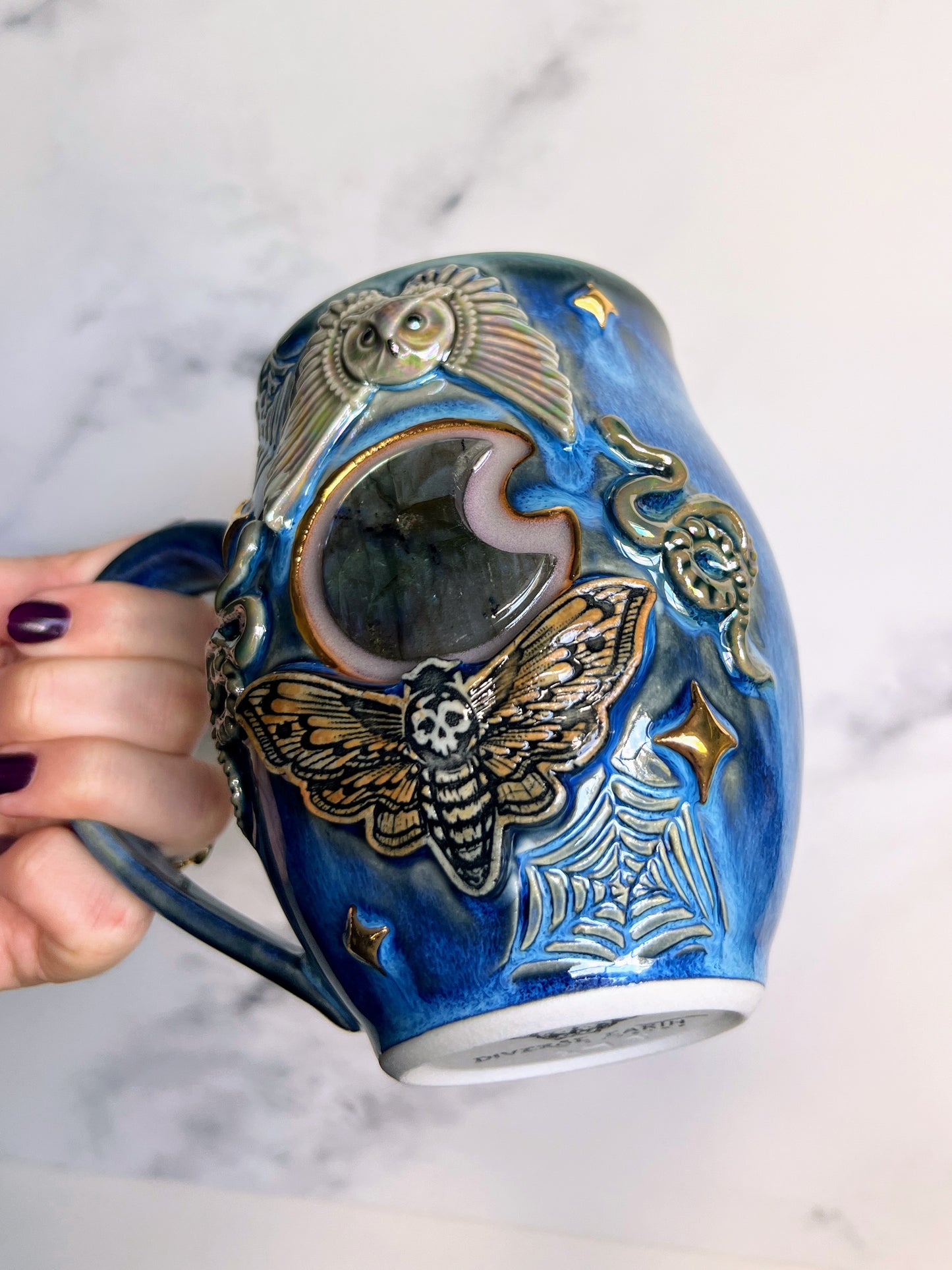 Labradorite Moon Crystal Mug, Owl Snake Coffee Mug, Pottery Mug,  Hand made Mug