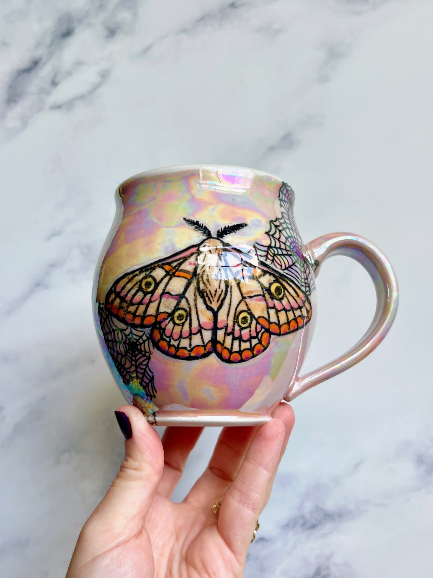 Moth Snake Mug, Iridescent Spiderweb Porcelain Mug, Pottery Mug, Hand made