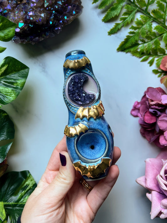 Spooky Amethyst Moon Pipe with Gold Bats Ceramic Porcelain Smoking Pipe