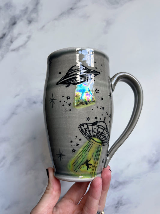 UFO Abduction Porcelain Mug, Pottery Mug, Hand Made Mug