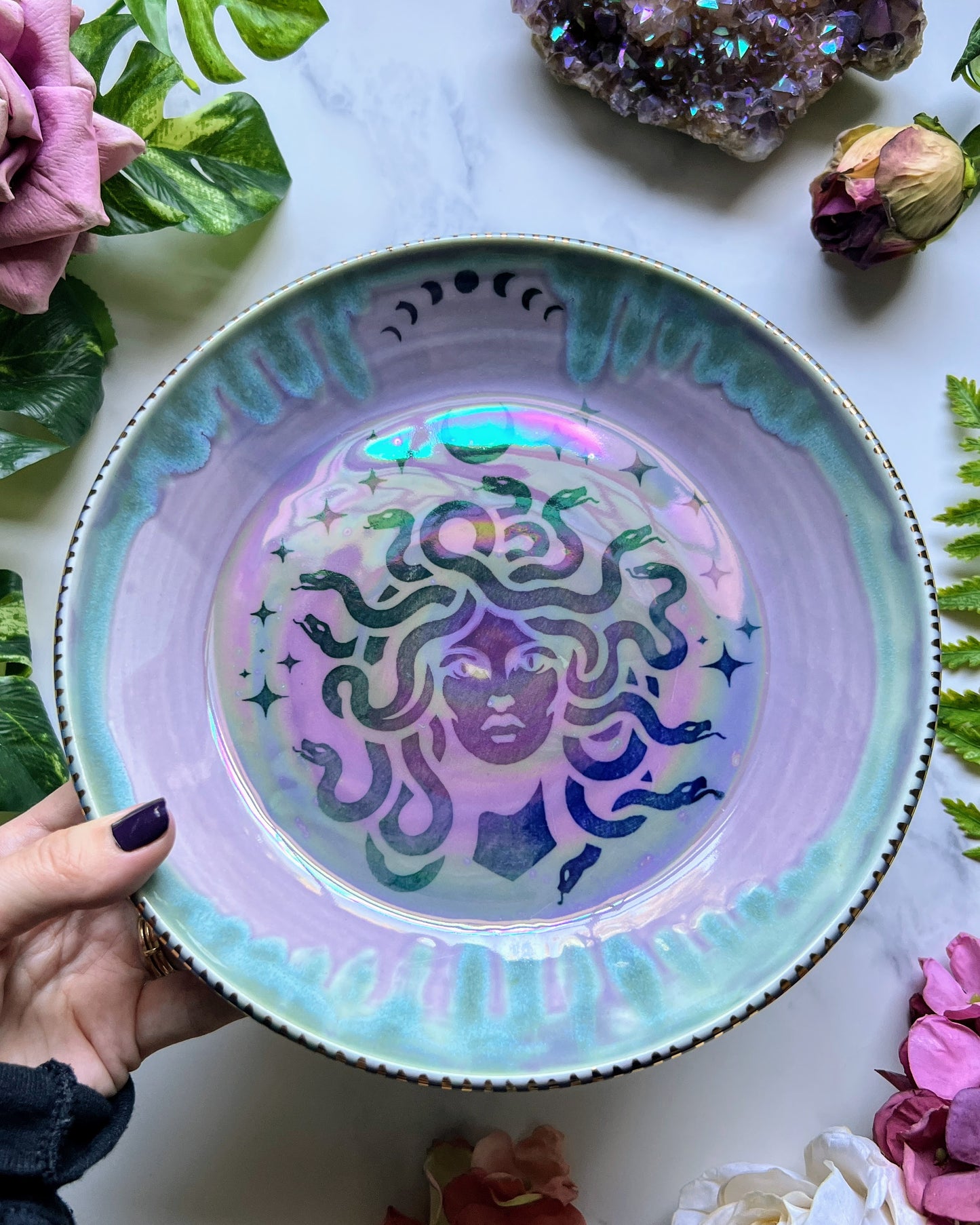 Medusa Platter, Iridescent Moon Altar Tray Witchy Jewelry Dish Platter