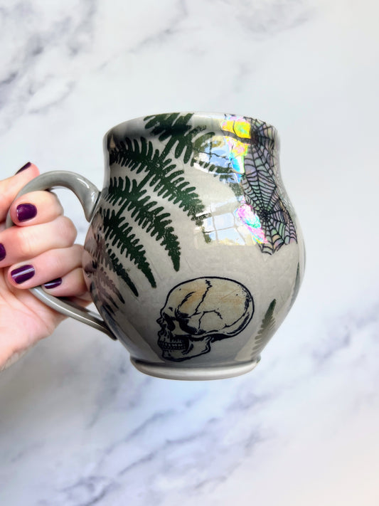 Spooky Skull Fern Mug, Iridescent Spiderweb Porcelain Mug, Pottery Mug, Hand made