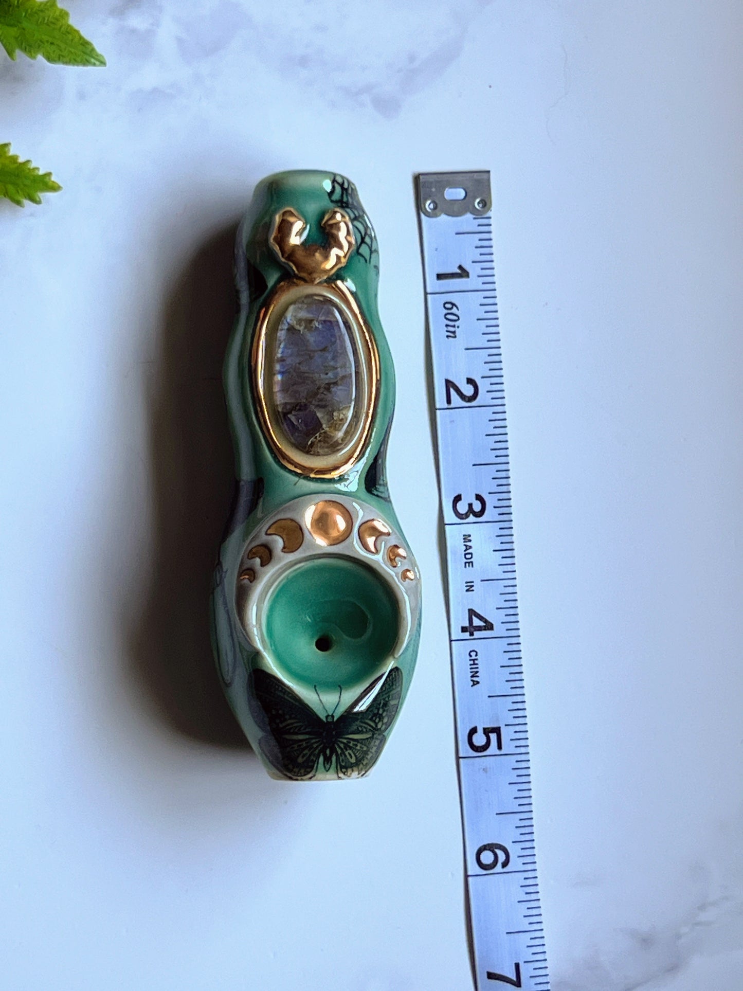 Spooky Labradorite Pipe Moon Phase Bat Porcelain Smoking Pipe Clay Pipe